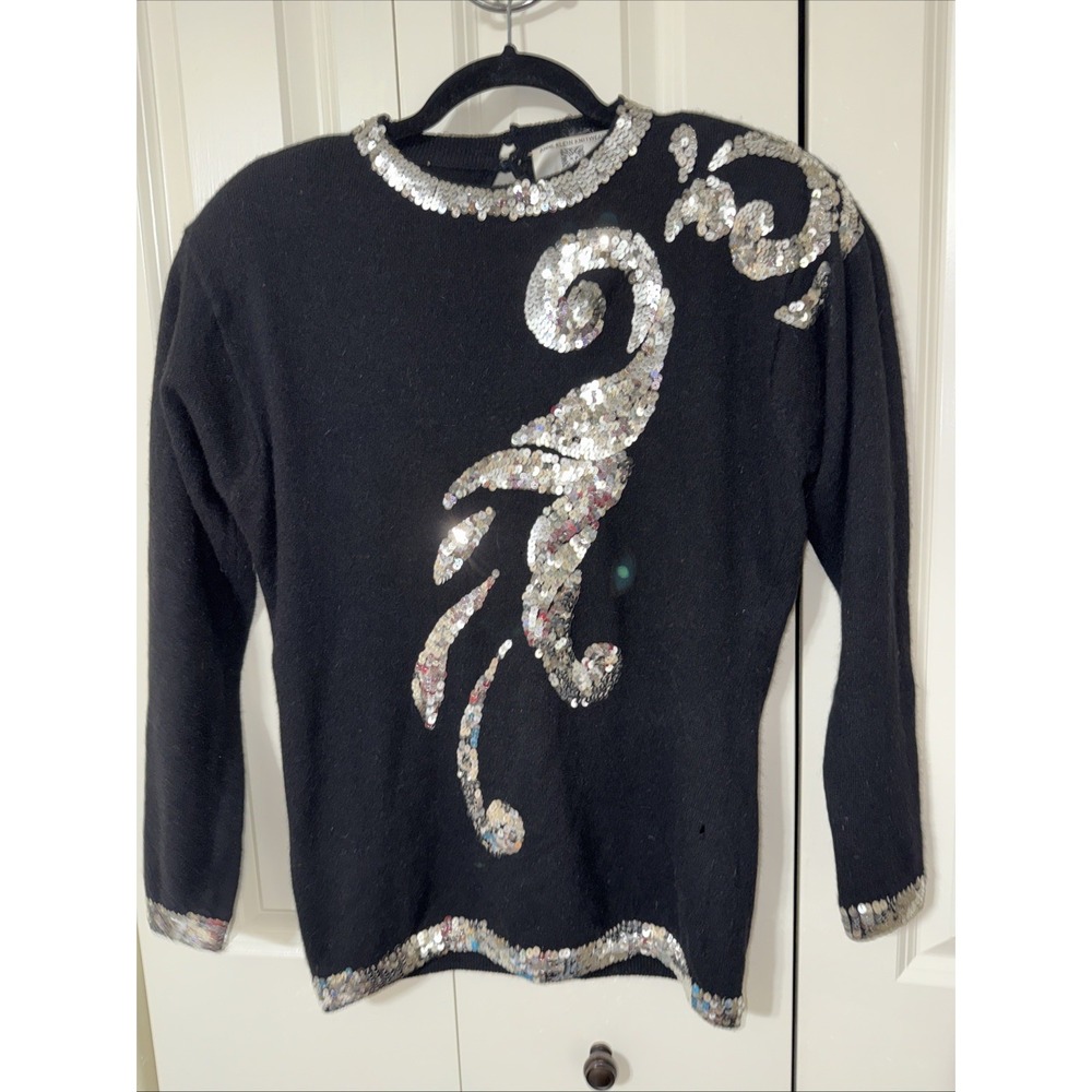 Women's Vintage Anne Klein Knitwear Wool Angora‎ Black Sparkle Sweater Sm Hole